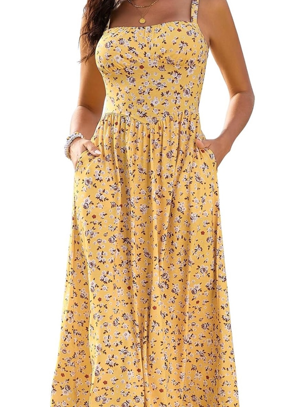 NWOT Sunshine Floral Midi Dress with Gathered Waist and Pockets